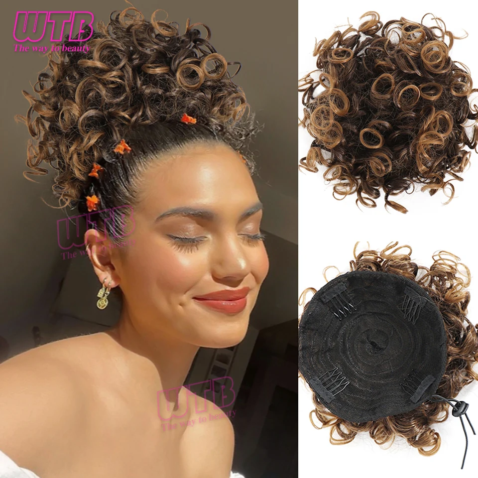 WTB Synthetic Curly Hair Bun for Women Puff Afro Ponytail Drawstring Kinky Curly Chignon Wrap Updo Hair Extensions with Clips