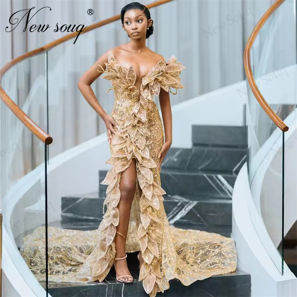 Afrikanische Champagner Perlen Abendkleider Split Side Schwarz Mädchen Cocktail Party Kleid Für Hochzeiten Angepasst Empfang Kleider