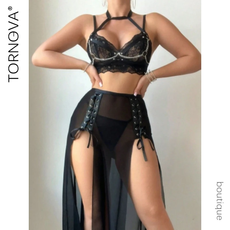 

Tornova Sexy Lingerie Suit for Women Sexy Halter Neck Lace Tempting Slit Mesh See-through Skirt Sexy Underwear Four-piece Set