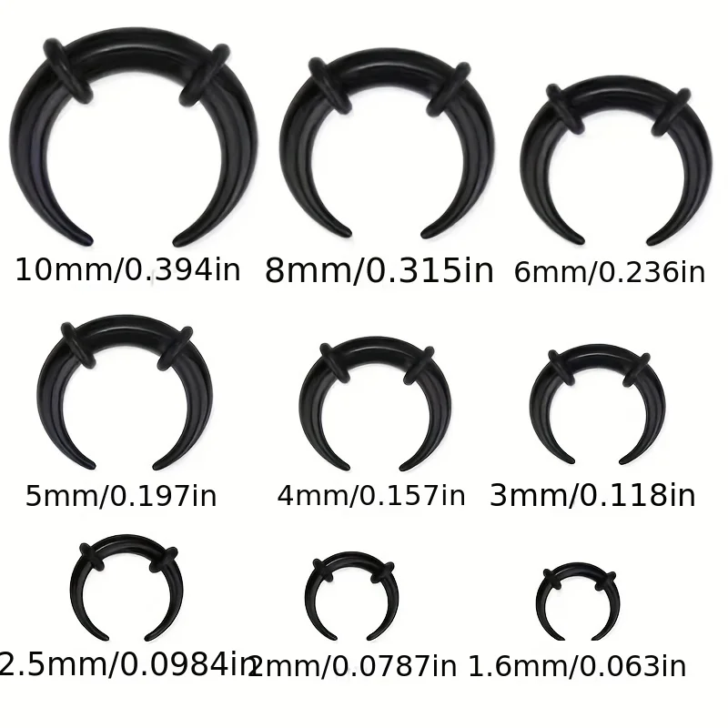 9pcs White/ Black/ Transparent Acrylic U-shaped Cone Ear Collar Horn Tip Ear Enlarger Jewelry Set Unisex 1.6mm-10mm