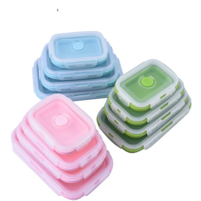 4PCS Silicone Folding Lunch Boxes Rectangle Collapsible Bento Box Food Container Bowl 350/500/800/1200ml