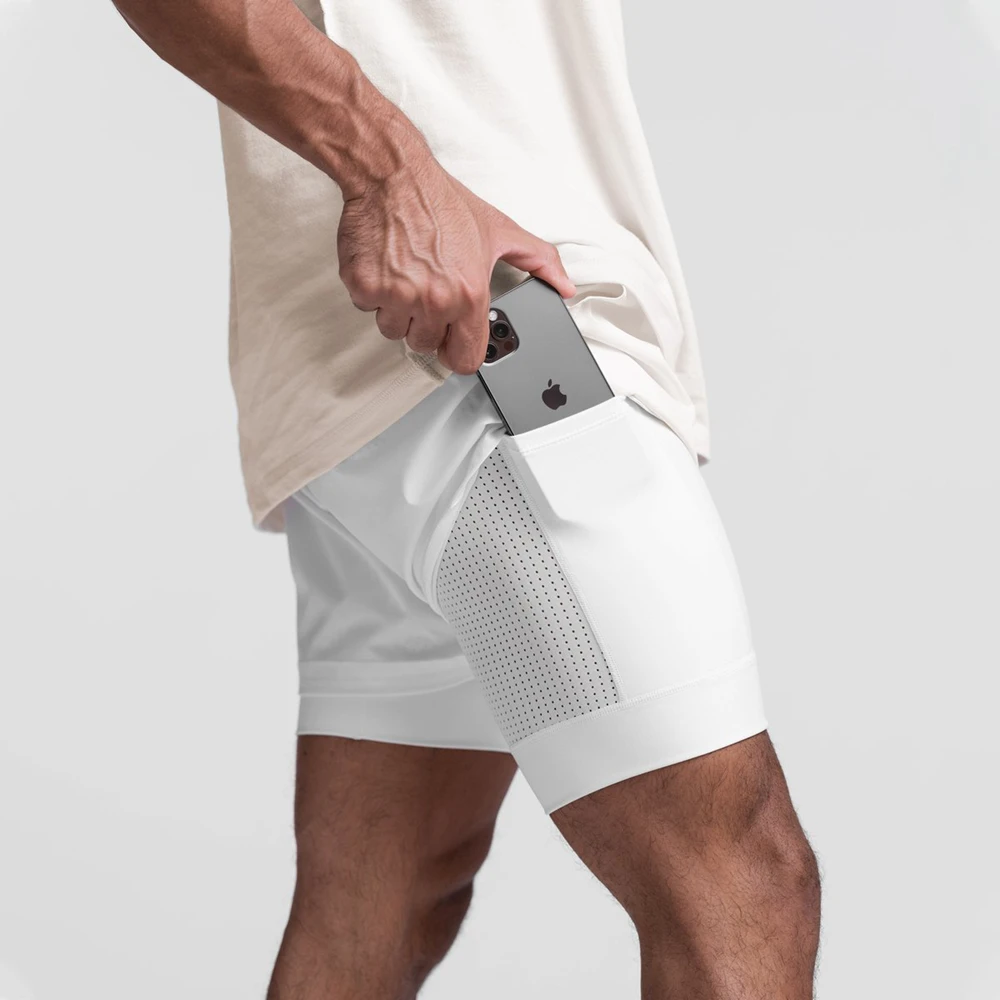 Calções de ginástica de camada dupla masculino com bolsos, branco, respirável, secagem rápida, casual, corrida, corrida, rua, bolsos