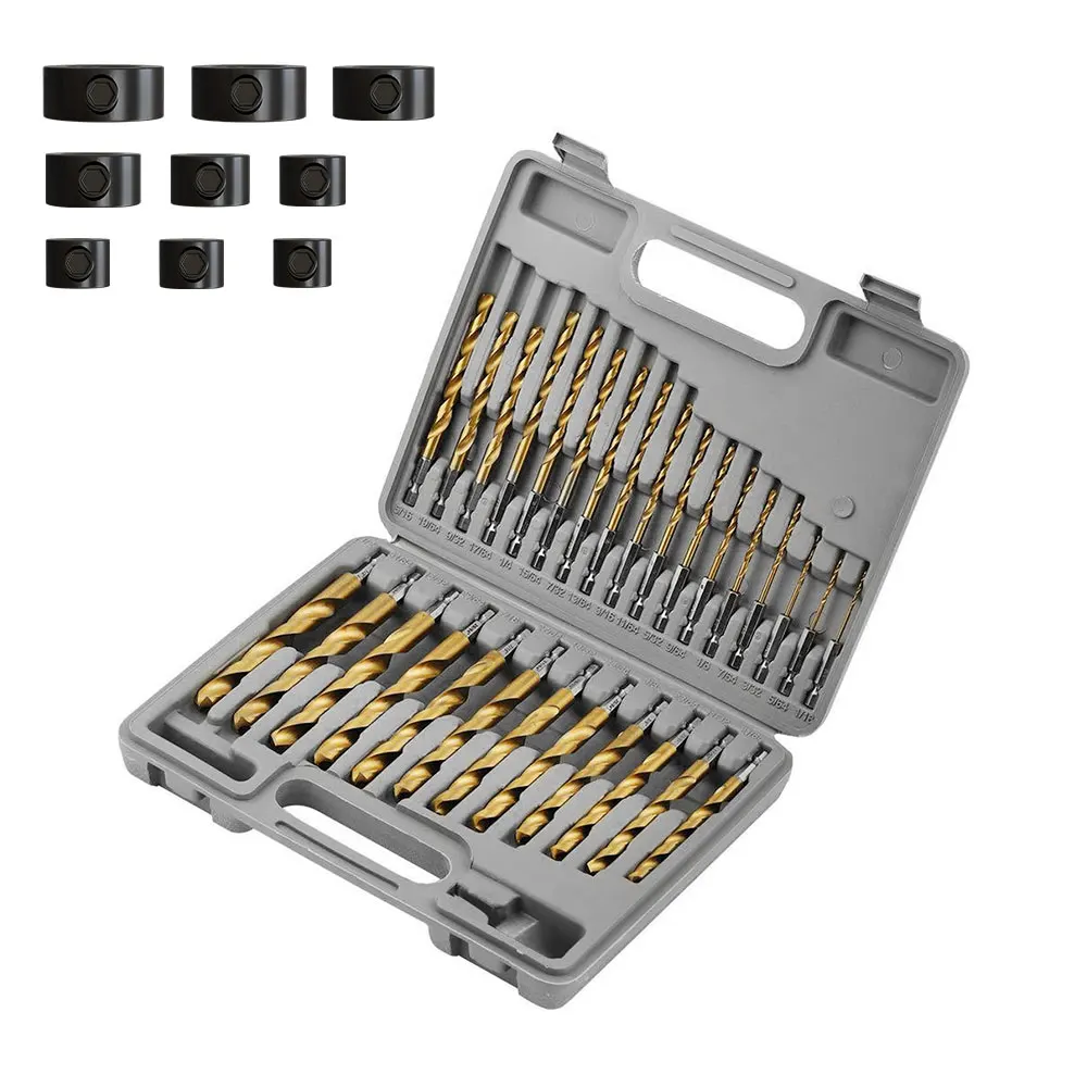 

29 Piece Titanium Plated Twist Drill Bit Set with 9 Piece Drill Locator Set, Hex Shank High Speed Steel Plastic Case