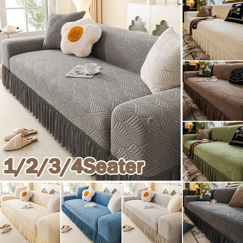 

1PC Thick Jacquard Sofa Cover 1/2/3/4 Seater Dust Proof Pet Proof Sofa Slipcover with Ruffled Hem Retro Home Living Room Decor