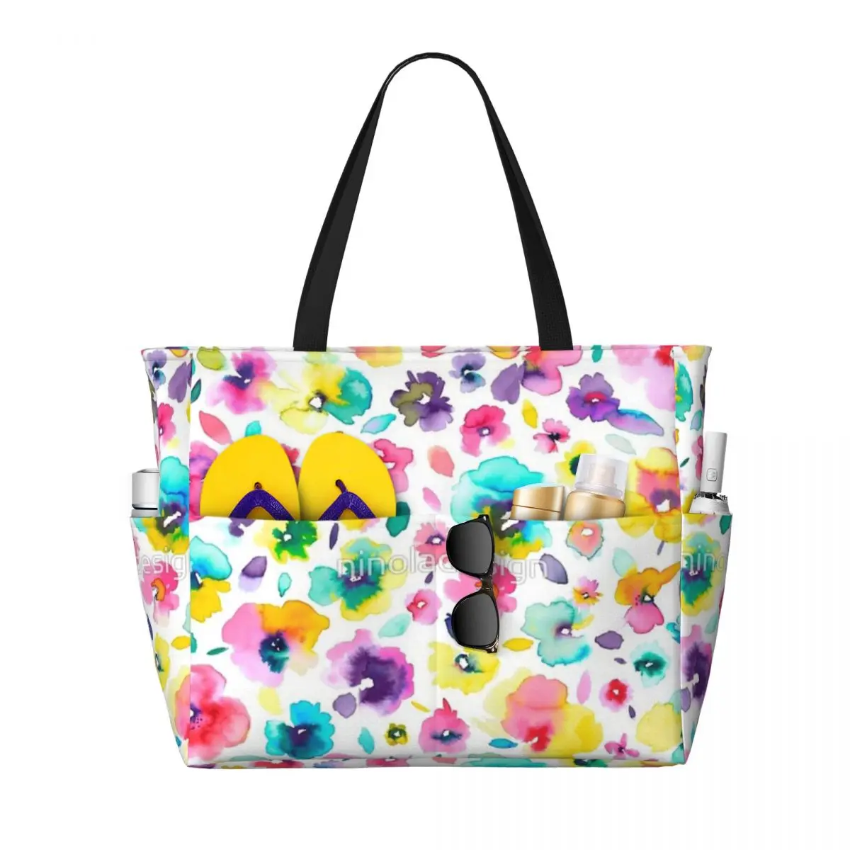 Watercolor Colorful Tropical Flowers Beach Travel Bag, Tote Bag Customizable Adult Travel Birthday Gift Multi-Style Pattern