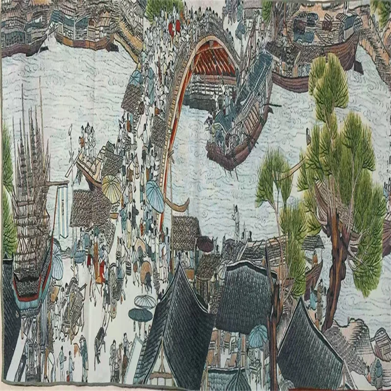 Decorative Chinese Old Color Wall Painting Brocade 'Along the River during the Qingming Festival' Embroidery Artwork