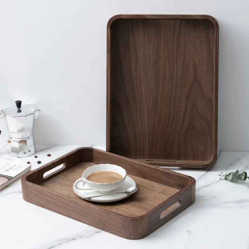 

Black Walnut Wood Tea Tray, Mortise - and - Tenon Structure, Rounded Corners, with Handles