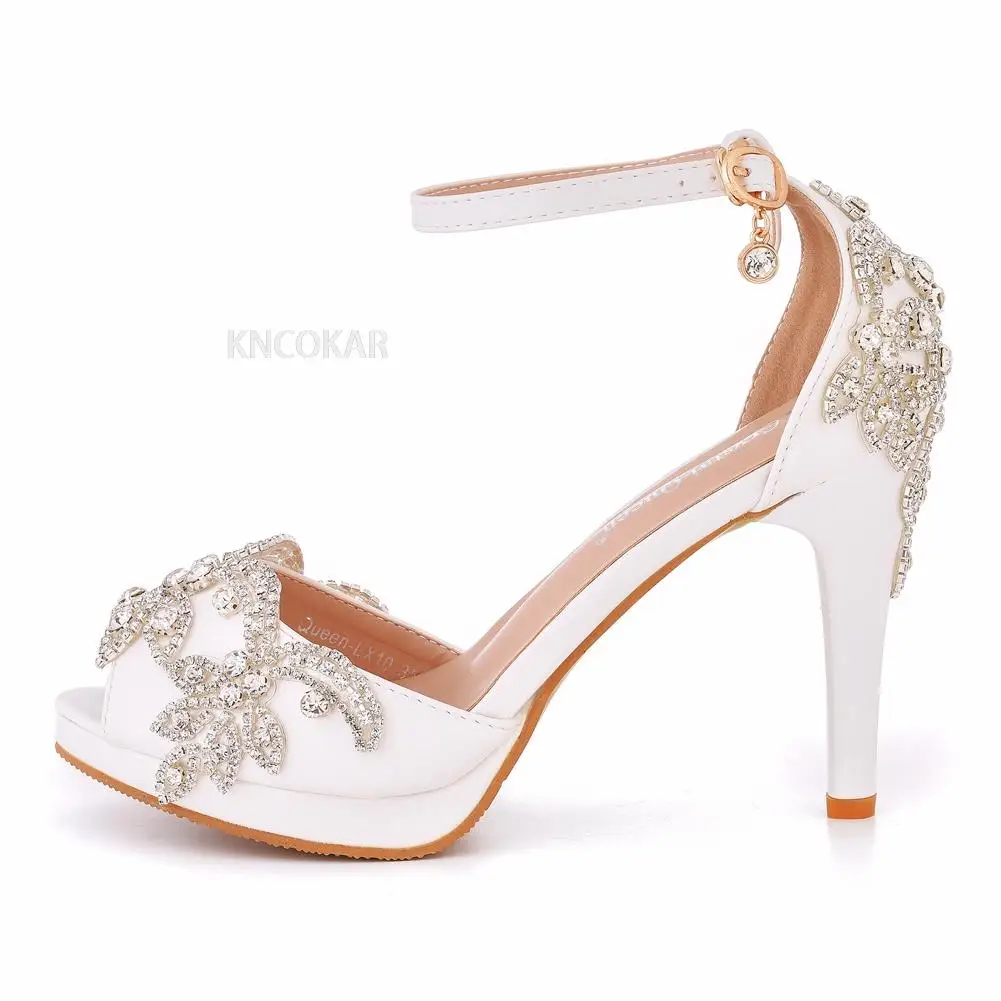 Women Wedding Shoes Bride Sandals White Rhinestones Silver Platform Dress Thin High Heels Ladies Pumps