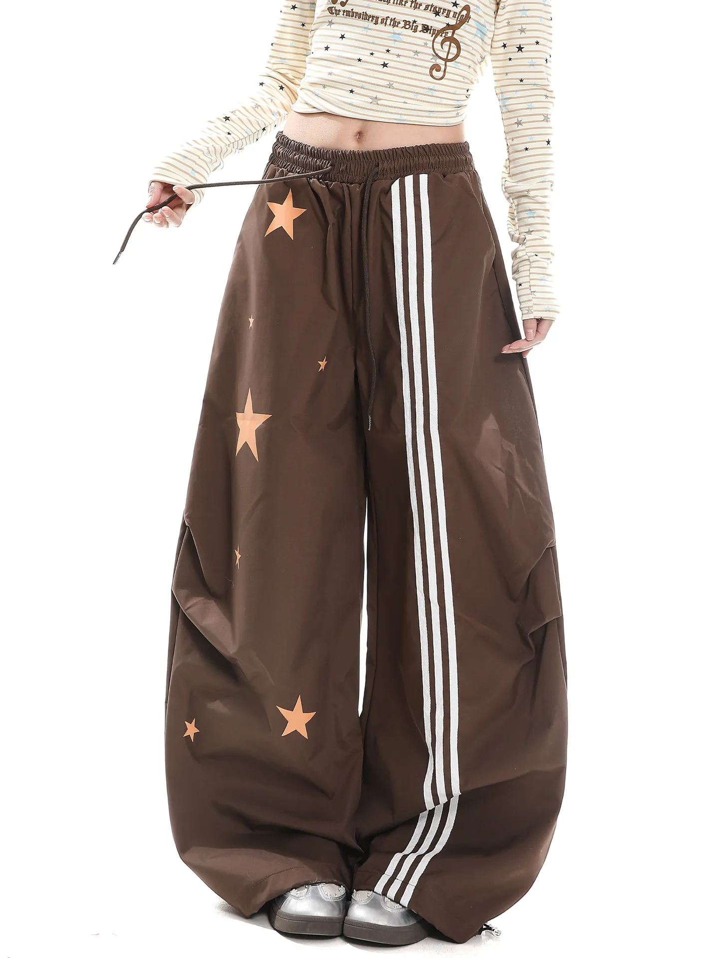 

American Retro Hip Hop Star Stripe Wide Leg Pants Women's Spring Autumn Loose Belt Casual Loose Feeling Long Trousers