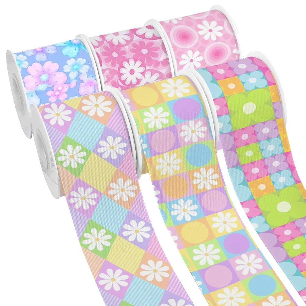 

Colorful Flowers Spring Season Cute Pattern Printed Grosgrain Satin Ribbon for Gift Wrapping Hair Bow 50 Yards