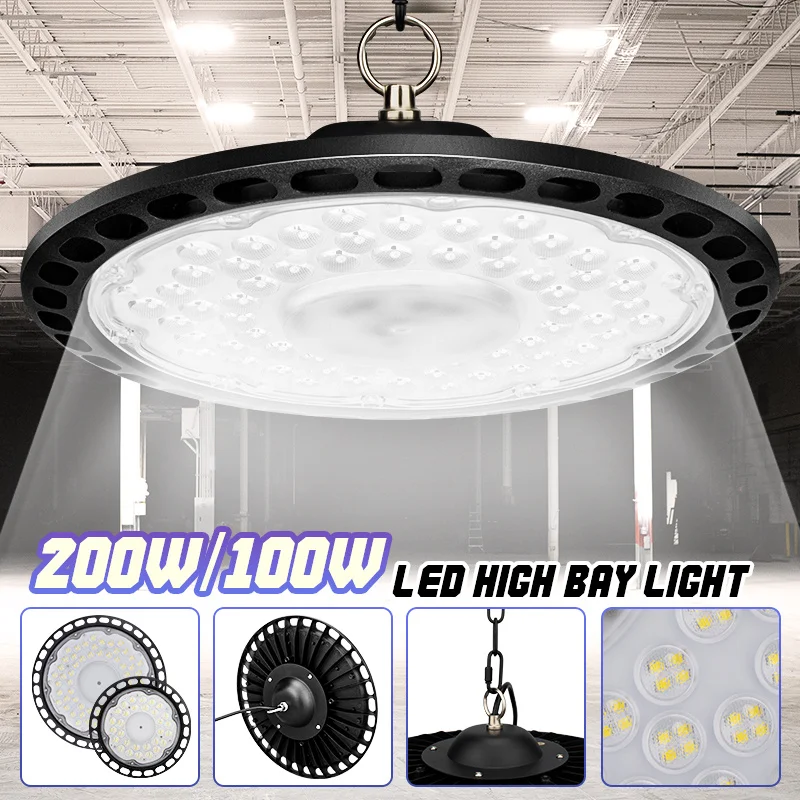 100/200W LED High Garage Lights Waterproof Ultra Thin Commercial Warehouse Bay Light for Shop Workshop Lamp Industrial Lighting