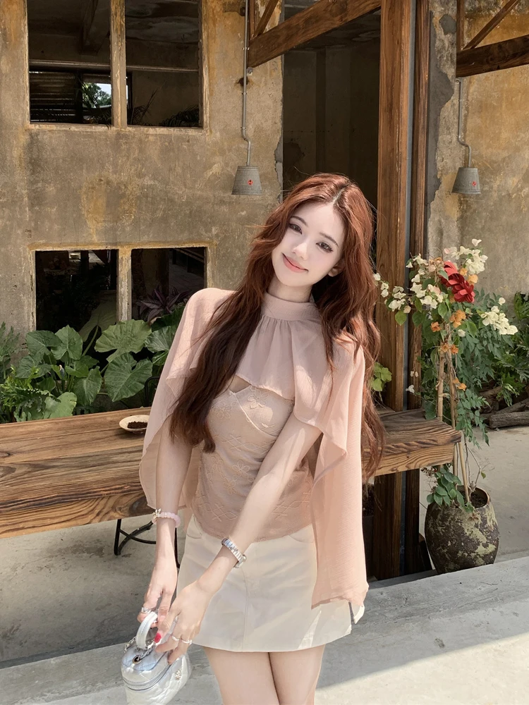 

Irregular Layered High Neck Chiffon Shawl Embroidered Strap Vest Women's Spring 2026 New Holiday Style Two-Piece Set