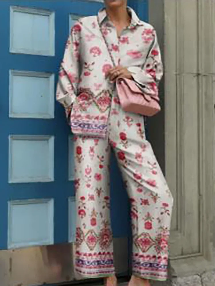 Spring New Loose Vintage Printed Pajamas Set Loungewear Sleepwear for Women 2 Pieces Long Sleeve Big Size Pyjama Tracksuit 2025