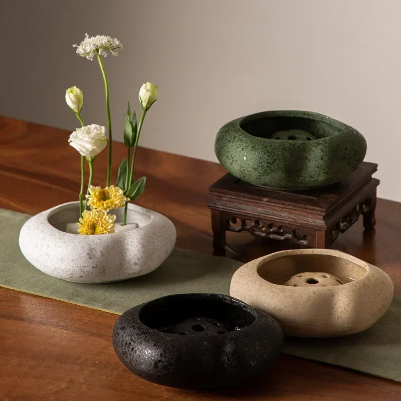 New Japanese Ceramic Flower Pots Sword Mountain Stoneware Handmade Flower Arrangement Fixed Base Flower Pots Home Decoratio