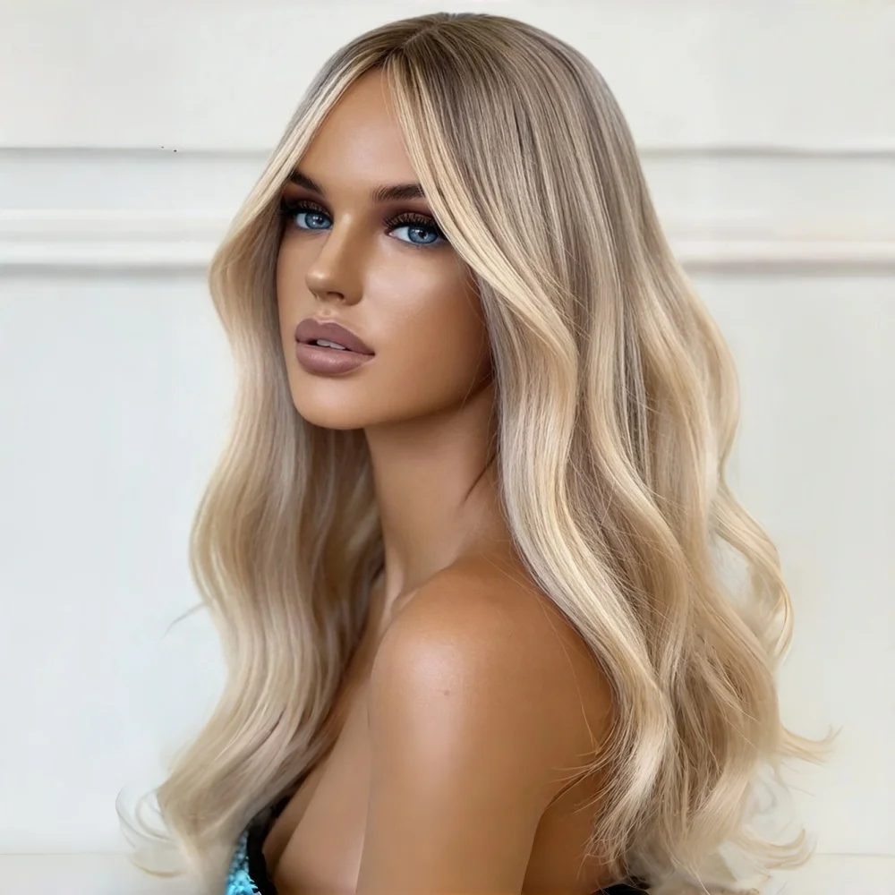 

Готовые к использованию парики с омбре-хайлайтами светлого блонда, синтетические, с кружевной передней частью, для женщин и девушек, с эффектом «волна», HD-прозрачное кружево