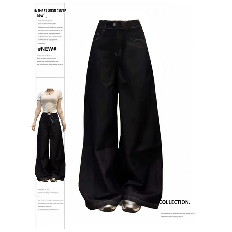 Women Jeans America High Waist Black High Streetwear American Casual Wide Leg Pants Plus Size Basic Baggy Retro Straight Trouser