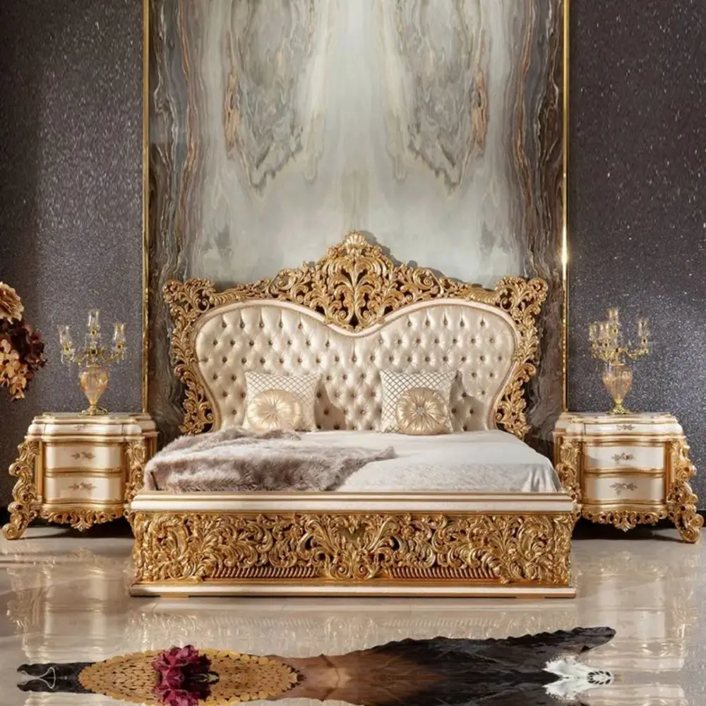 Hot Sale Kiky Home Furniture Honeyrose Mahogany Wood Hotel Luxury Classic Royal Ivory Gold Queen King Bedroom Set Upholstered