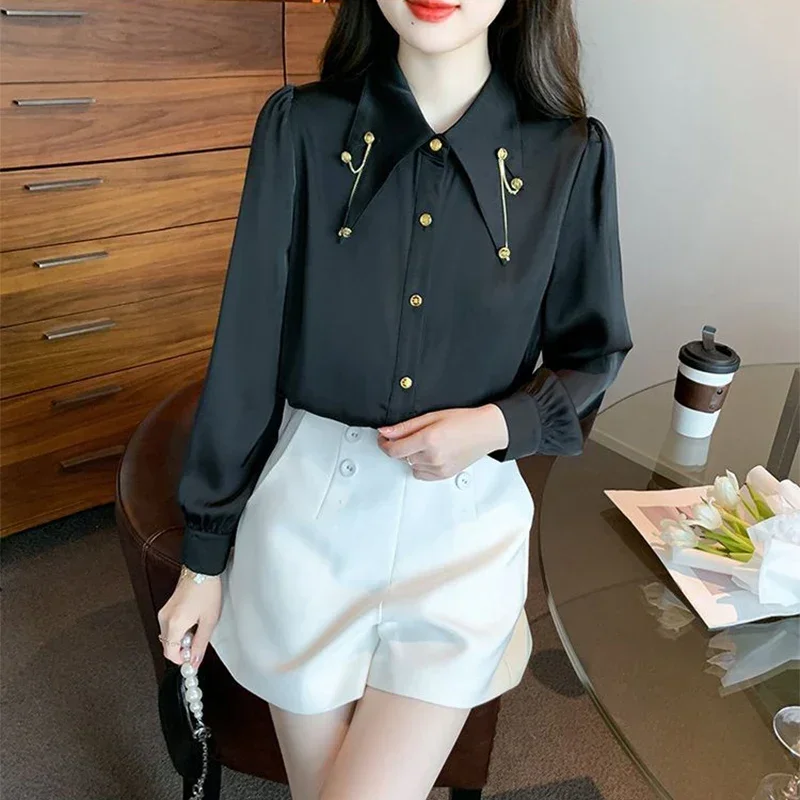 Spring Autumn Temperament Chic Chain Patchwork Shirt Female Long Sleeve Elegant Fashion Buttons Blouse Women's Solid Color Top