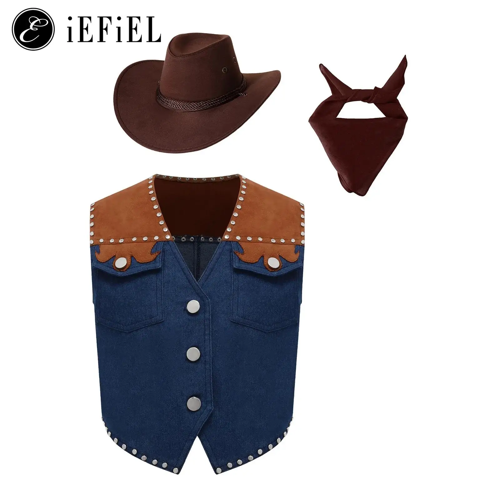 

Girls Boys Western Cowboy Costume Rivet Fringe Denim Cowboy Vest Waistcoat +Hat Bandana Set Halloween Wild West Cowgirl Dress Up
