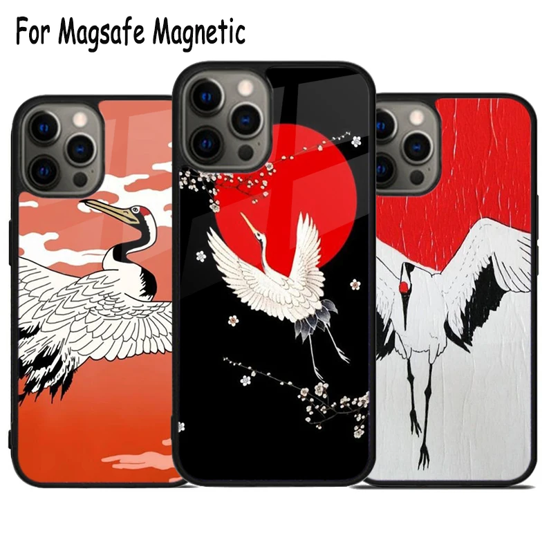 Red Sun Japanese Flying Crane Wireless Charge Magsafe Phone Case For iPhone 15 16 14 13 11 12 Pro Max Plus Magnetic Bumper Cover