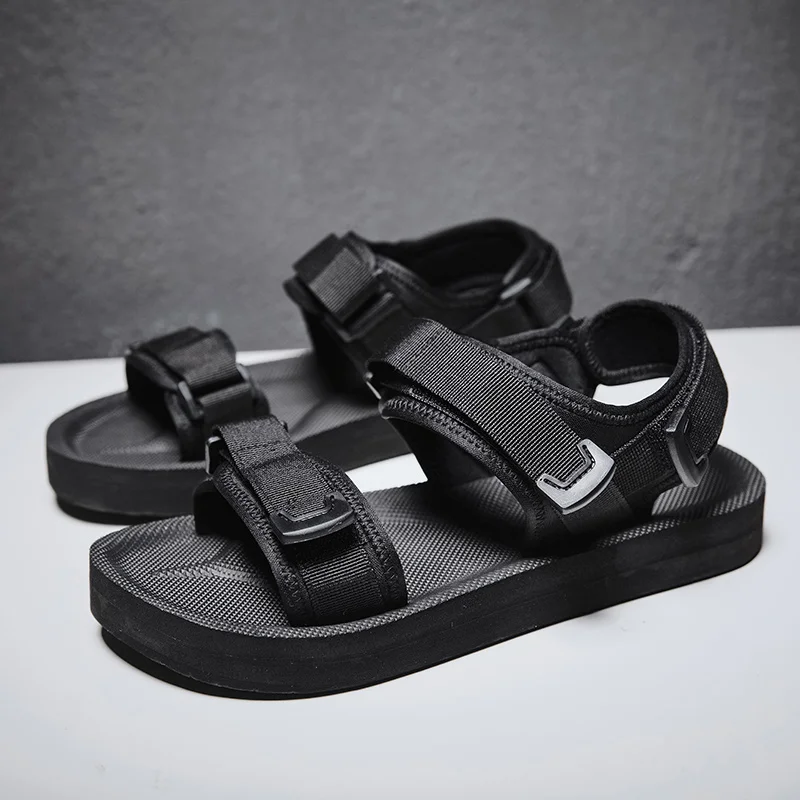 Adjustable Flat Sandals For Wide Foot Hook & Loop Straps Summer Mens Casual Shoes Double Buckle Breathable Soft Pure Black