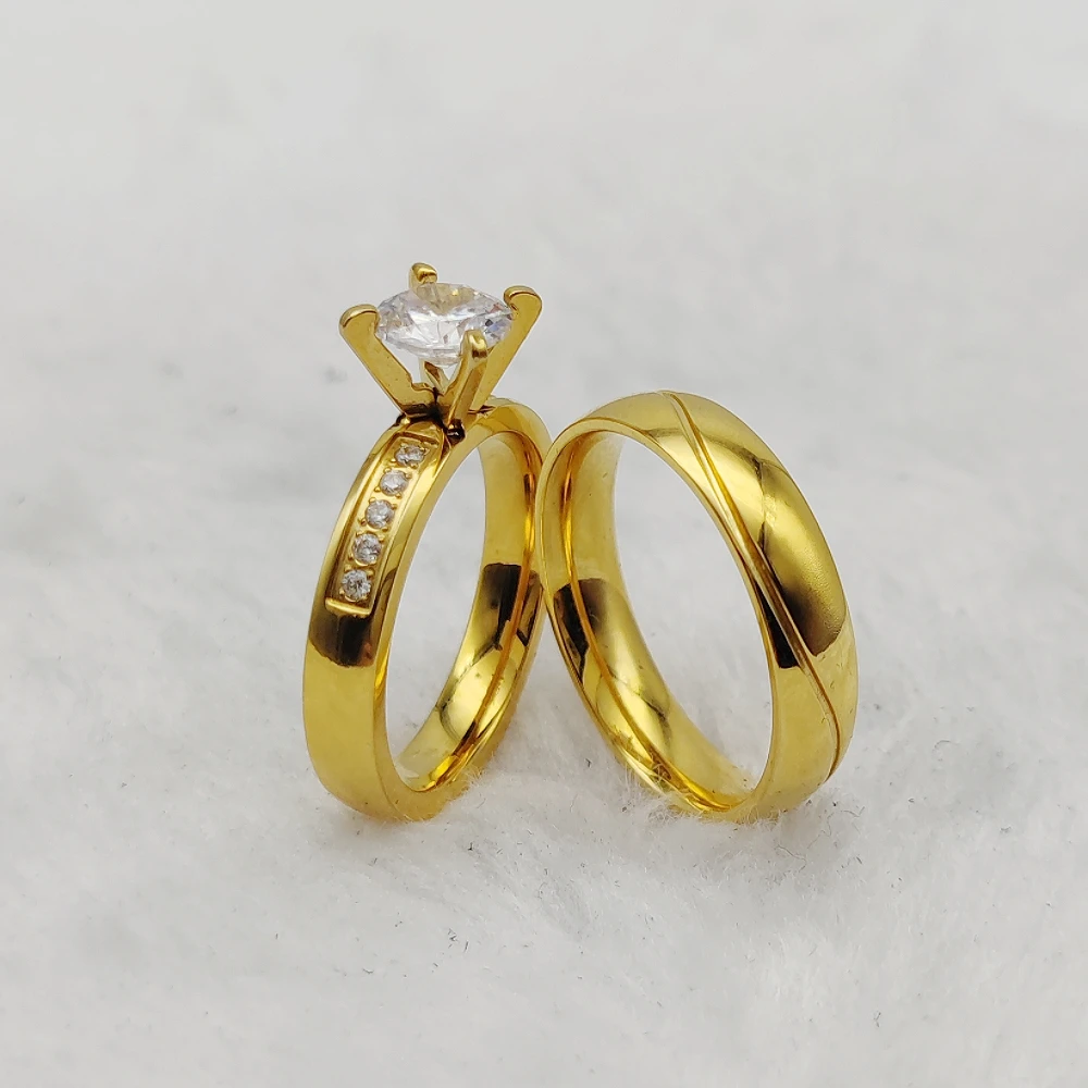 Unique Jewelry Shop Valentines Promise His and Hers Couples Rings Cz 24K Golden Plated Wedding Marriage Rings