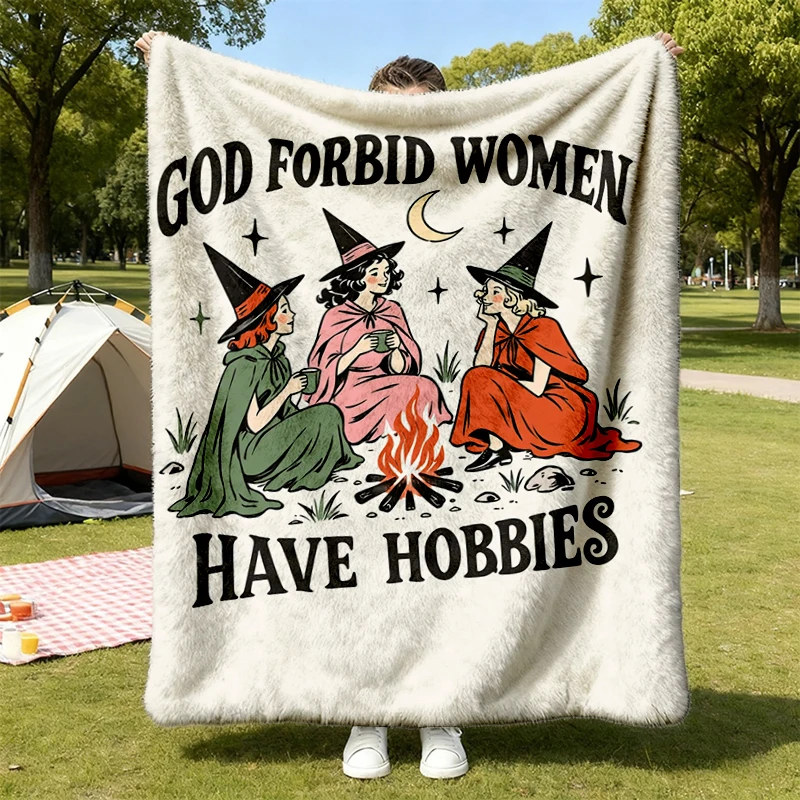 God Forbid Have Hobbies Flannel Blanket, Vintage Witch Graphic Flannel Throw, Campfire Witch Cozy Blanket