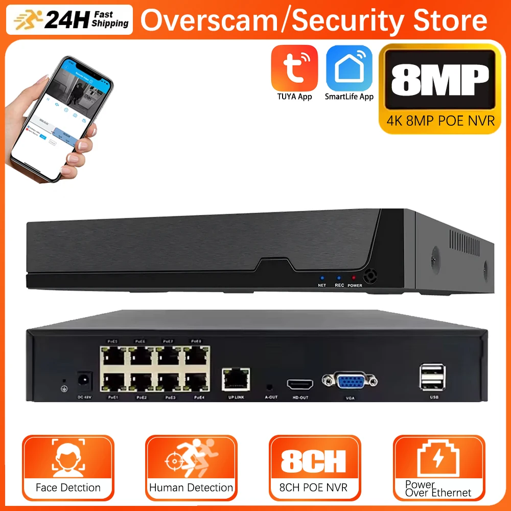 

Overscam TUYA SMART LIFE 4K 8MP 8CH POE NVR CCTV Security System Human Detection Network Surveillance Cameras Video Recorder NVR