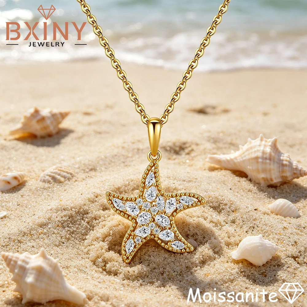 

BXINY All Moissanite Starfish Pendant Necklace 100% S925 Silver Beach Neck Chain for Women Daily Vacation Fine Jewelry Gifts GRA