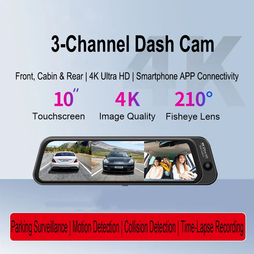 Cámara de Coche con 3 Lentes Ojo de Pez, Transmisión en Vivo, Pantalla Táctil 4K, Control por Aplicación, Modo de Estacionamiento 24H, Sensor de Movimiento G, Grabación en Lápso de Tiempo, Grabación de Privacidad