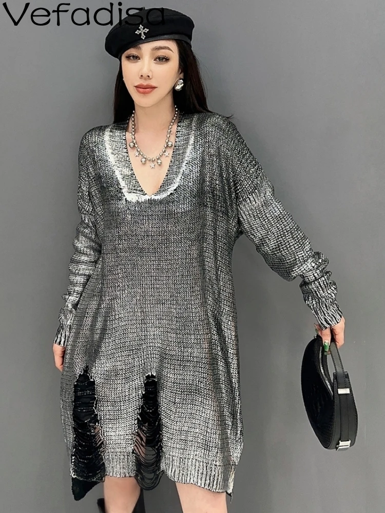 2024 Spring Autumn Casual Gold Stamping Feel Mid Length Knitted V-neck Dress Slim Personalized Trendy Girl Women's Wear ZY3611