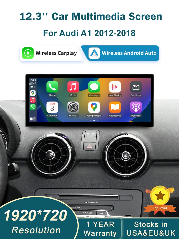 12,3 Zoll RoadTop für Audi A1 2012–2018 Wireless CarPlay Multimedia Display Android Auto Airplay Autolink Funktion