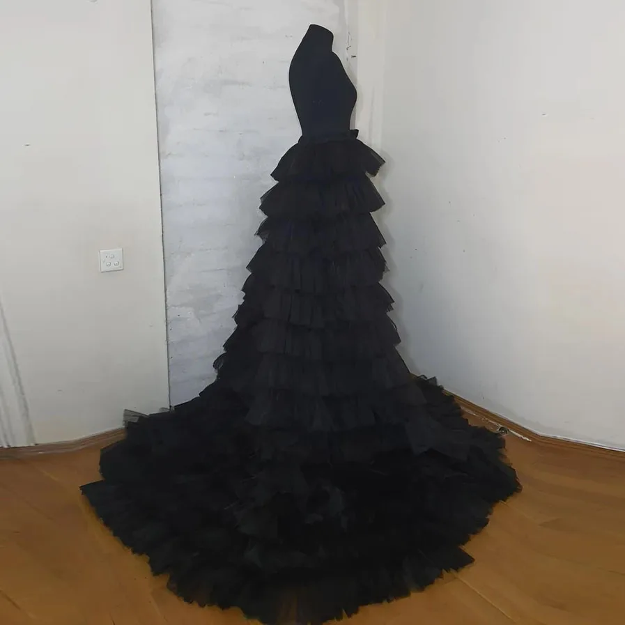 

Black 14 Layers Bridal Long Tulle Skirt Overskirt Fluffy Tiered Tulle Detacahble Train Women Maxi Skirt Over Wrap Skirt