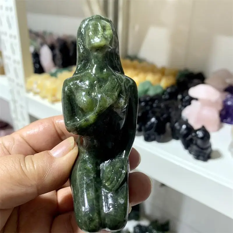 

Natural Moss Agate Lady Body Carving Healing Crystal Gemstone Collectible Home Decoration Gift 1pcs