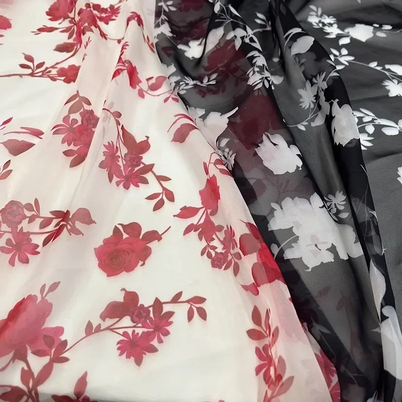 New Runway 30d Chiffon Printed Fabric High Quality Women's Dress Red and Black Flower Pattern Cloth Fabrics