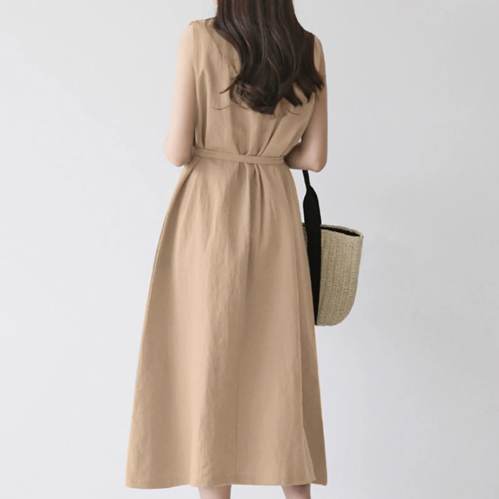 Schlichtes, modisches Damenkleid, lockeres Bohemian-Stil, ärmellos, Rundhalsausschnitt, lange Kleider, einfarbig, Baumwolle, Leinen, Gürtel, elegantes Kleid