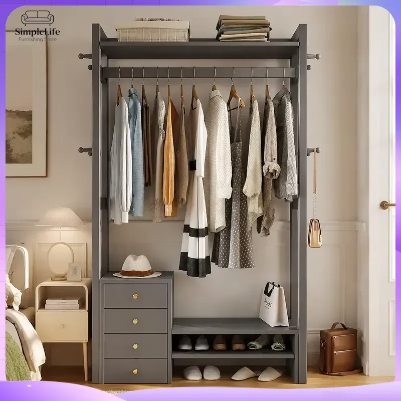 Solid Wood Coat Rack Stand with 4 Shelves Freestanding Clothes Hanger Tree for Bedroom Living Room Entryway Shoe Storage