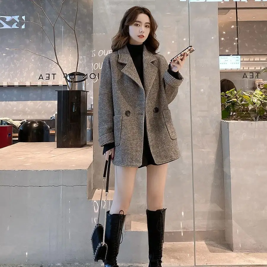 

2023 new Korean small fragrant woolen coat for women medium and long loose small autumn and winter woolen coat for women