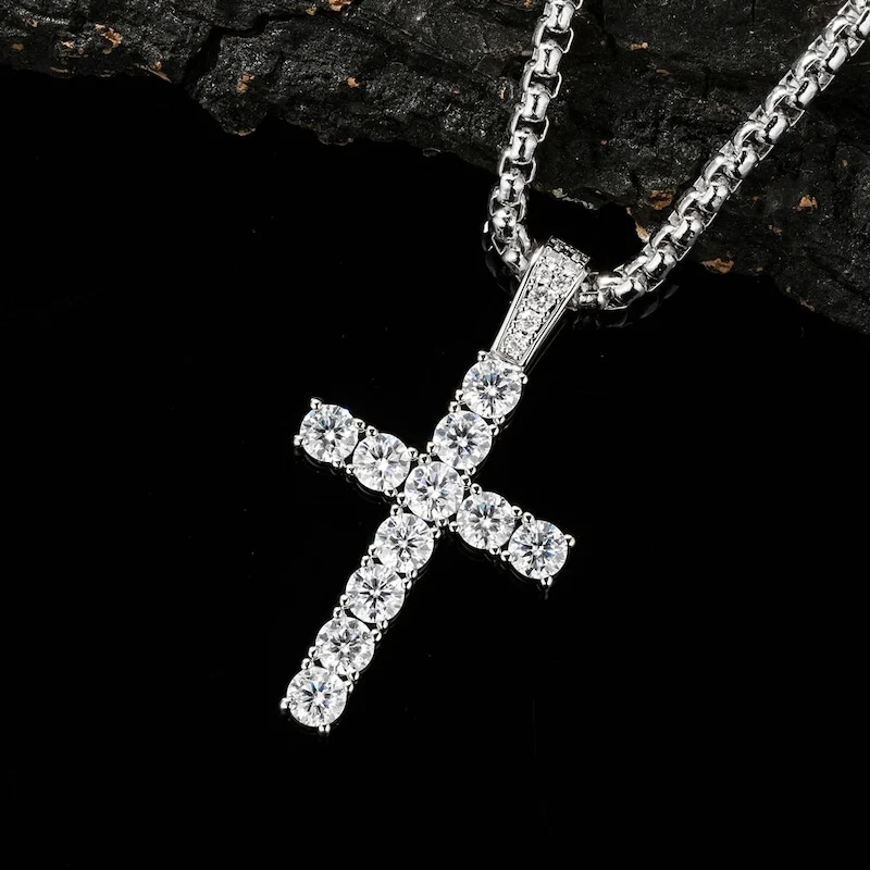Rrjzz Sparkling 4mm Full Moissanite Cross Faith Pendant Necklace 3mm Box Chain Adjustable Necklace for Women Men Jewelry Gifts