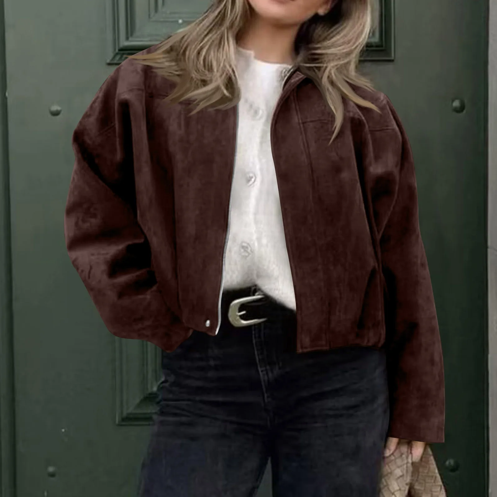 Nuovo 2025 Giacca bomber strutturata in pelle scamosciata da donna Manica lunga Colletto con risvolto Cappotti larghi Casual Vintage Capispalla femminile Chic Top