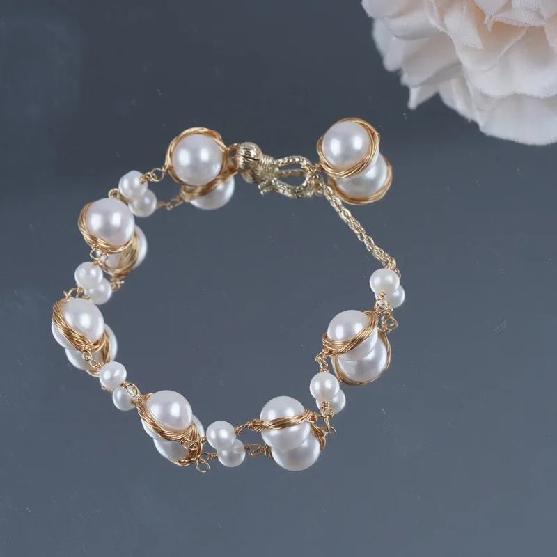 

Freshwater Hand Jewelry Copper Gold Plated Handmade Wire Wrapped Pearl Daily Elegant Bracelet