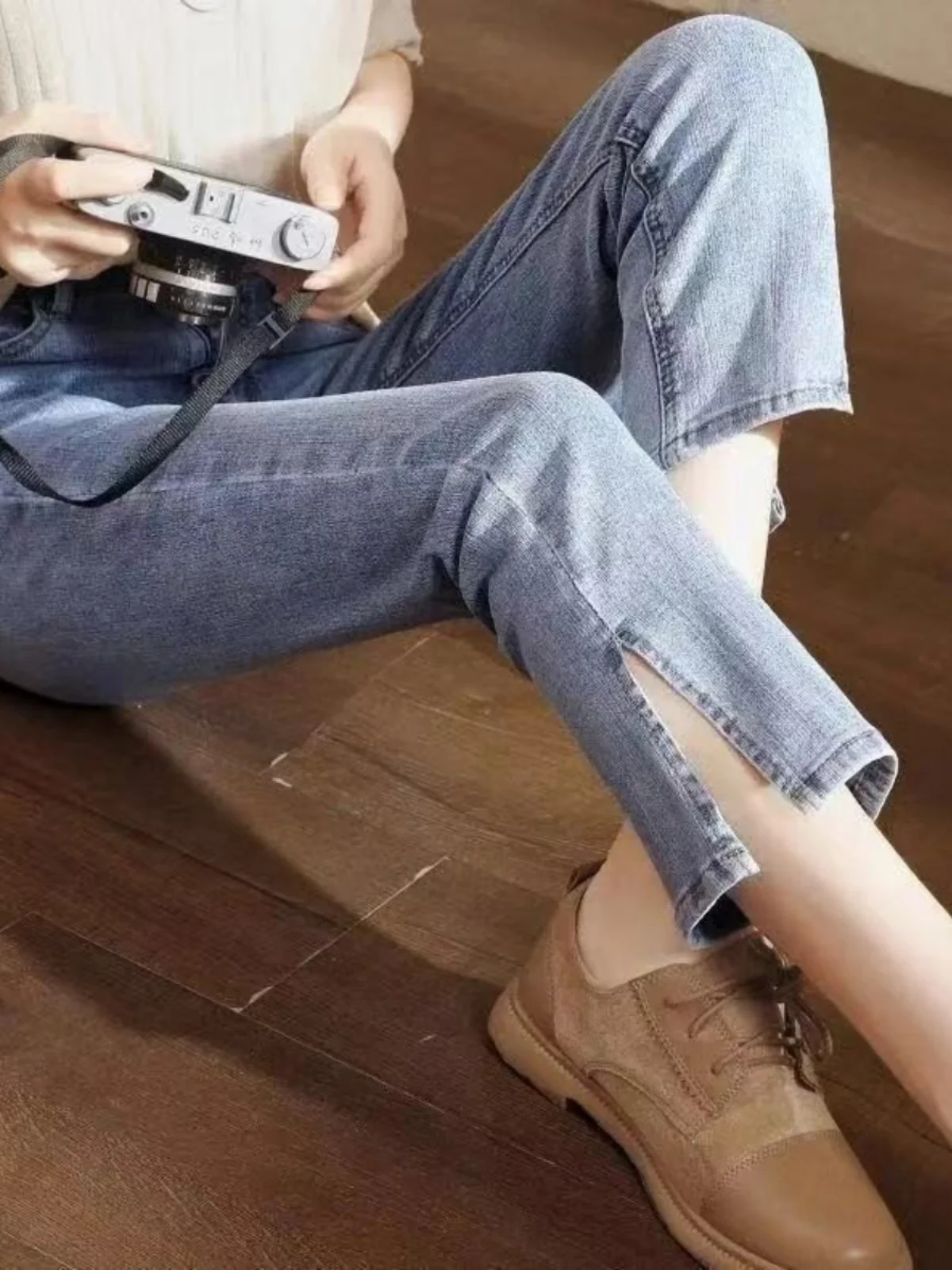 

Slimming Versatile Summer Thin Seven-Five Denim Jeans Women's Small Size Elastic Straight Leg Pants High Waist Cotton Stretch...