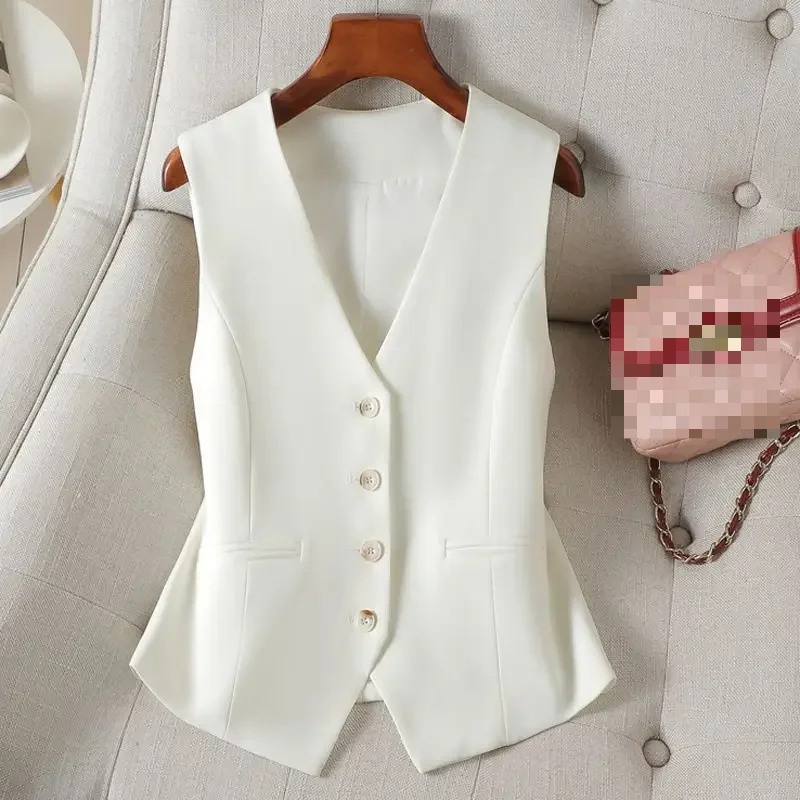 

White Single Breasted V-neck Short Slim Fitting Vest For Women In Spring And Autumn Can Be Worn Externally Or Internally With
