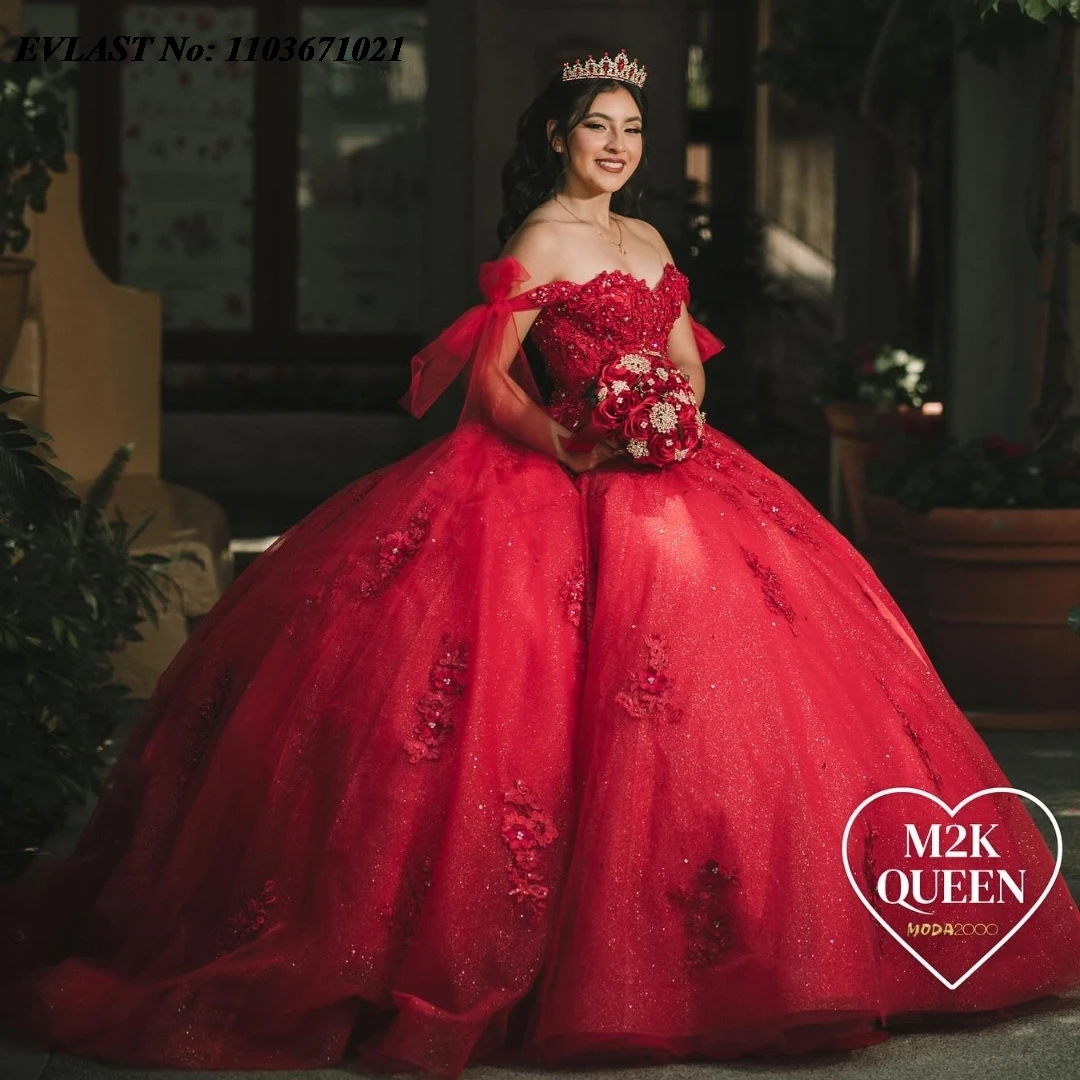 EVLAST Charming Red Quinceanera Dress Off Shoulder Beading Shiny Floral Lace Applique Sweet 16 Mexican Vestidos De 15 Anos SQ423