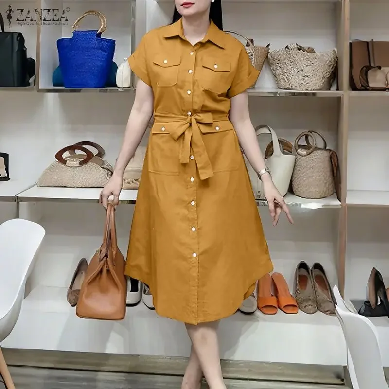 

Summer Women's Cargo Shirt Dress Casual Turn-Down Collar Short Sleeve Button Up Tie-Waist Midi Dresses ZANZEA Woman Clothes 3XL