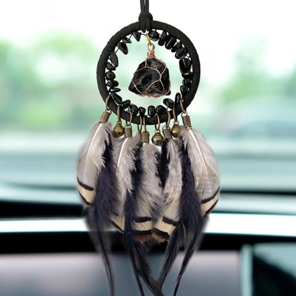 Retro Dreamcatcher Car Pendant Crystal Stone Adornment Hand-woven Wind Chimes Crafts Mini Car Hanging Ornament Gifts