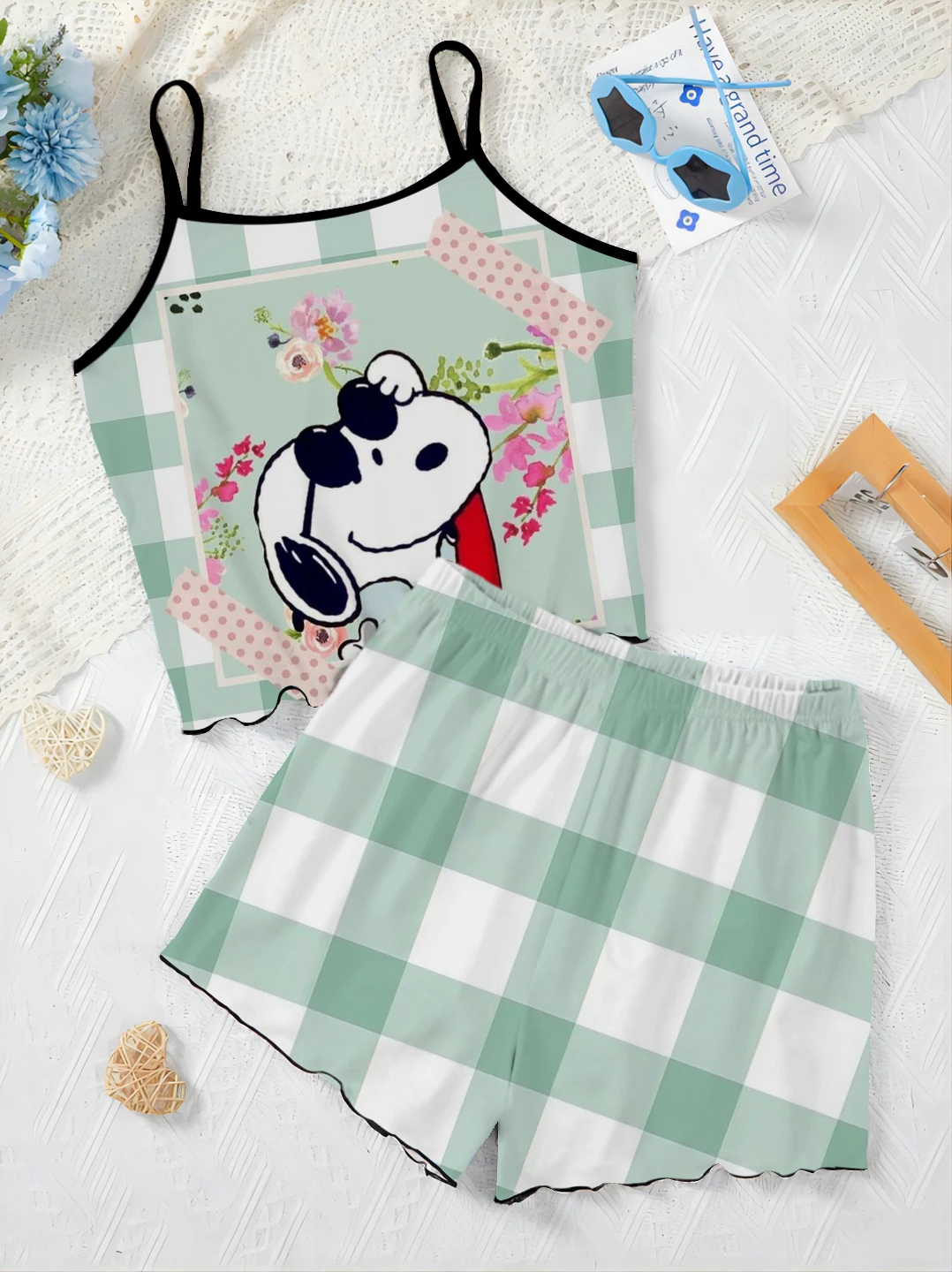 Set Frau 2 Stück chic und elegant Damen sets Salat Trim Pyjama Rock Snoopy T-Shirt Slip Kleid Top kurze Anzug zu Hause Kleid