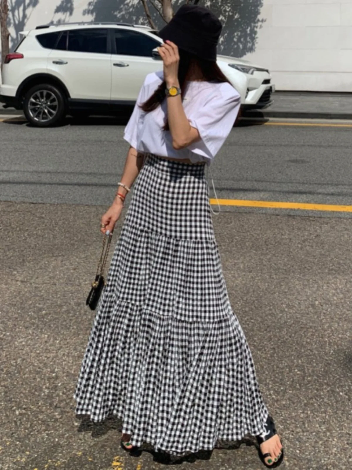 تنورة كلاسيكية منقوشة للنساء Dstring الخصر التخسيس مطوي كشكش الربط متوهج ألف خط تنورة الكورية Sle تخفيف