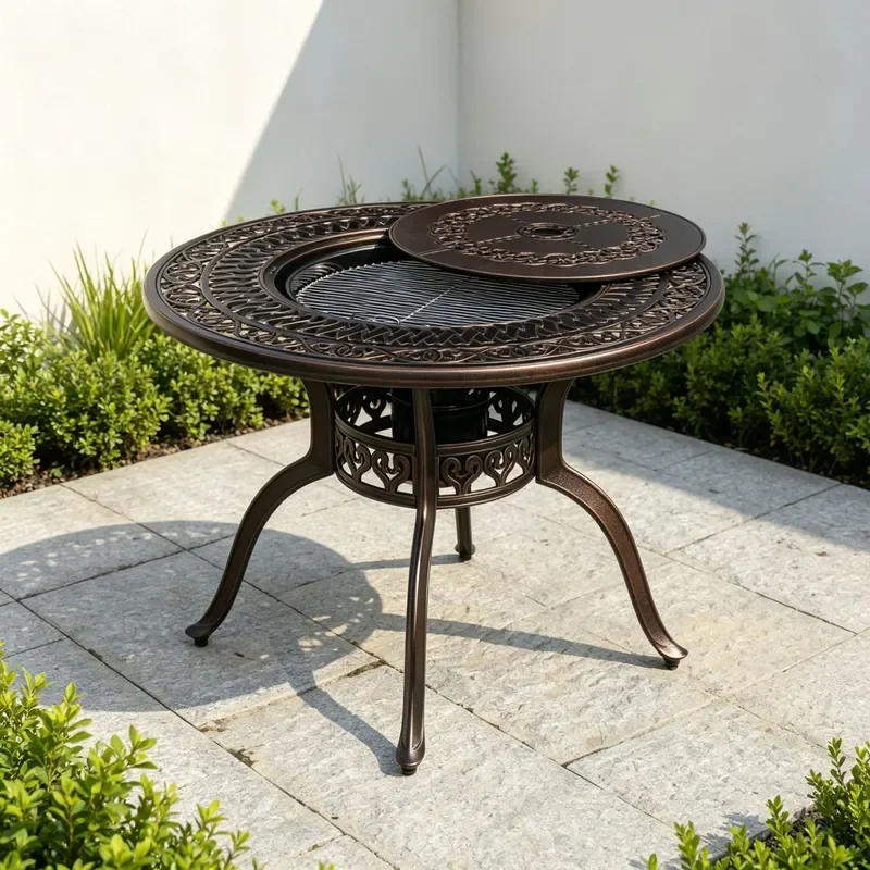 Outdoor Cast Aluminum Multi-functional BBQ Round Table with Hollow Carved Countertop Cover Plate and Grill Net