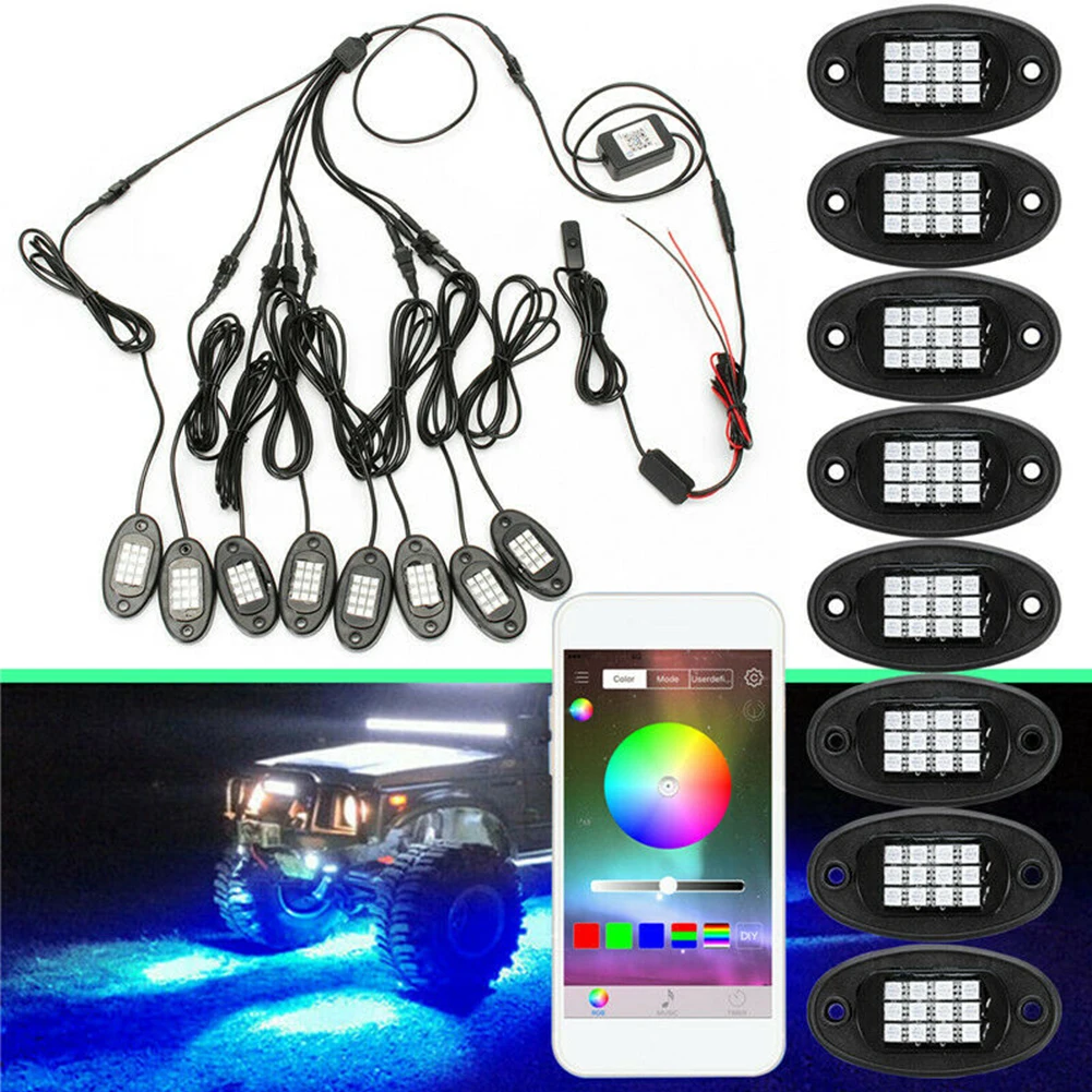 

8Pcs Waterproof RGB LED Rock Light Underglow Neon LED Light Kit Bluetooth Remote Control Chassis Decorative Wireless Rock Lamp